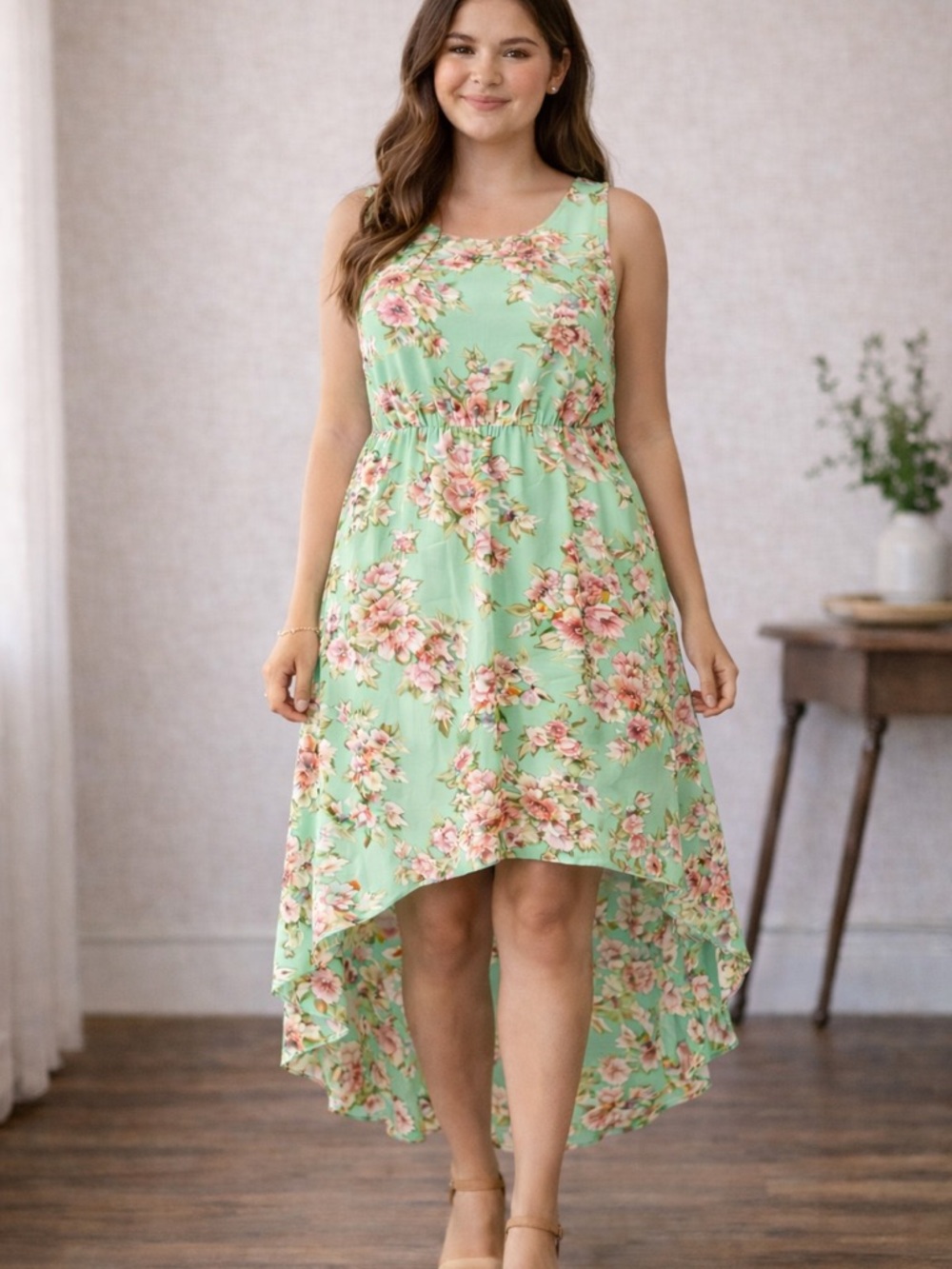 Floral High Low Midi Dress Turquoise Pink Sleeveless Size S